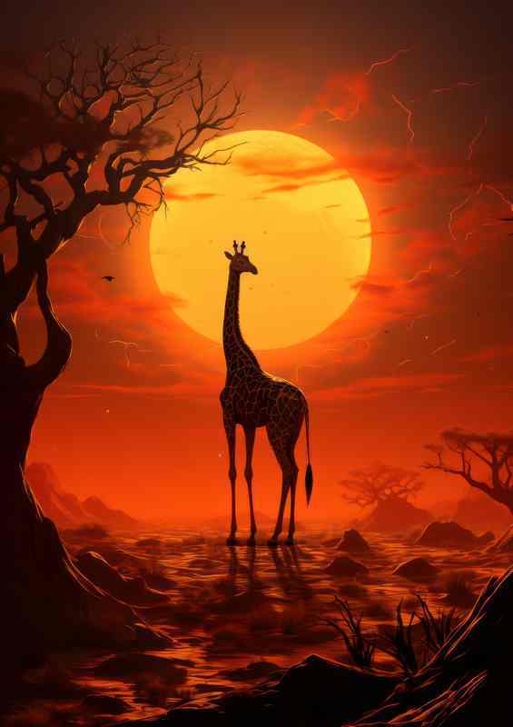 A Giraffe in silhouette with the orange sun setting