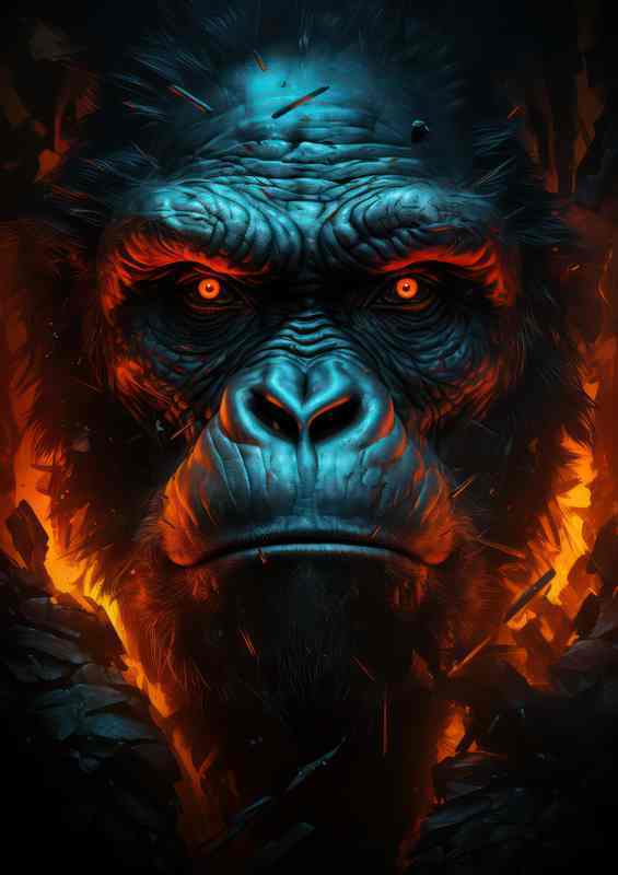 A Gorilla face with glowing white fire eyes