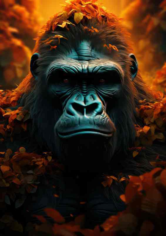 A Head of a gorilla playing the the autumn leaves