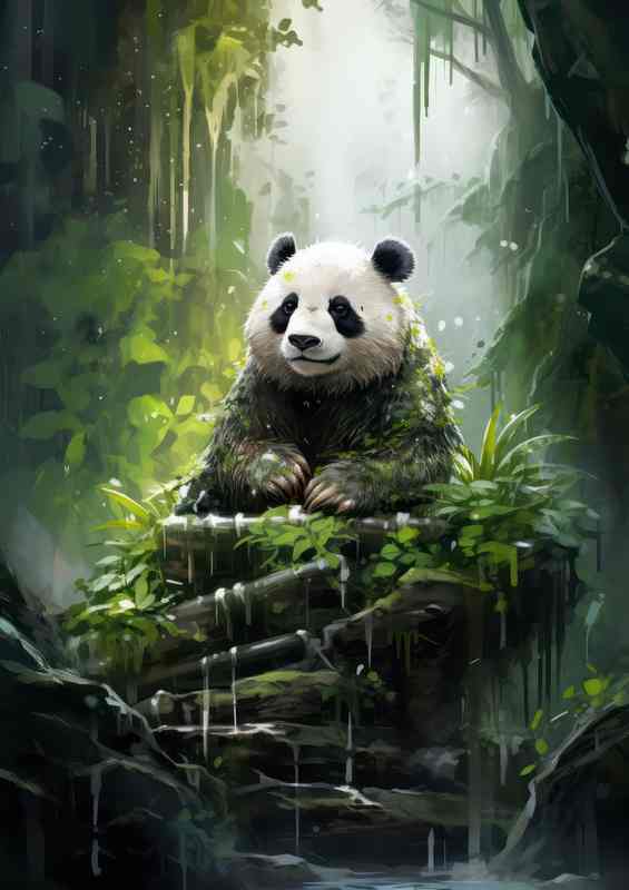 Panda Sitting in Waterfall