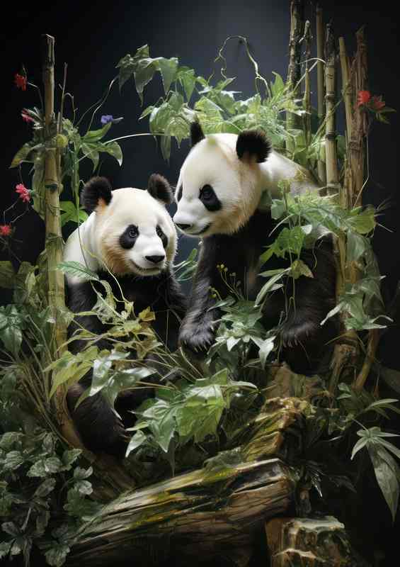 Pandas in Bamboo Trees 
Near Waterfalls