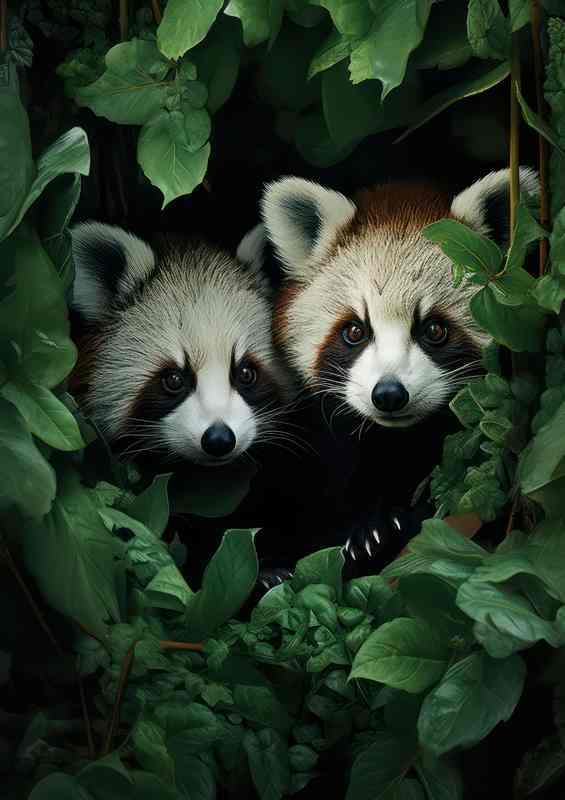 A Pair of red pandas peering through the leaves