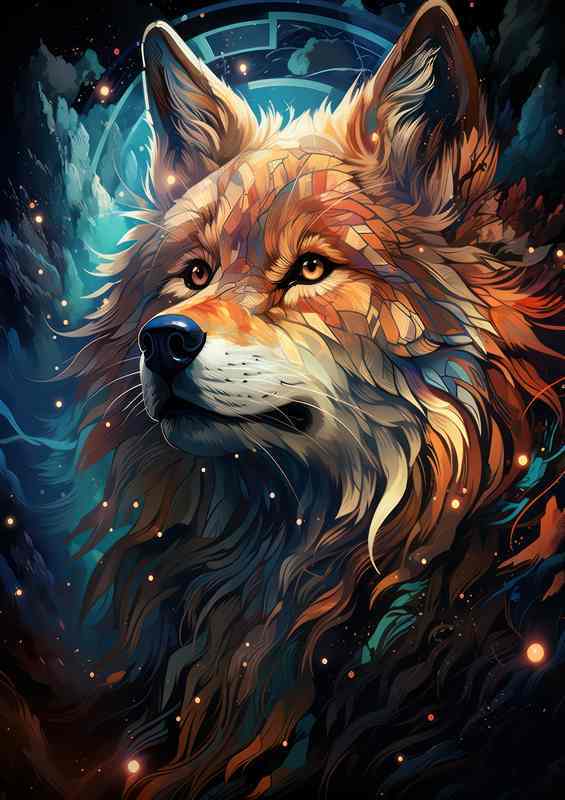 A Wolf surrounded by stars and fireflys