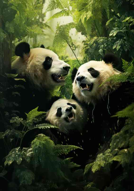A little family of panda bears in the green forest