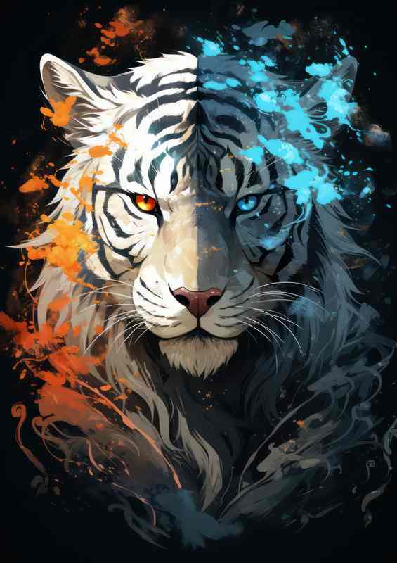 Anime mixed tigers white and electric blue tones