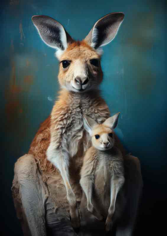 Baby joey with her kangaroo mum sitting