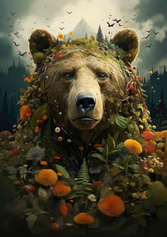 Bear with the mountains and birds in the background