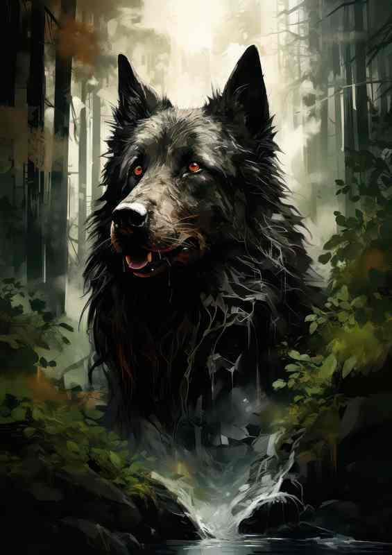 Black mandog in a forest with a valley