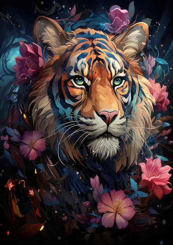 Colourful Tiger nestled with pink flowers