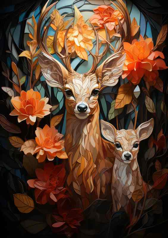 Deer and a cub with flowers and abstract style