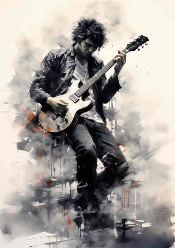 Holding an electric guitar in the style of ink