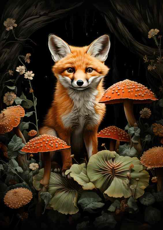Fox sitting in around the mushroom bed