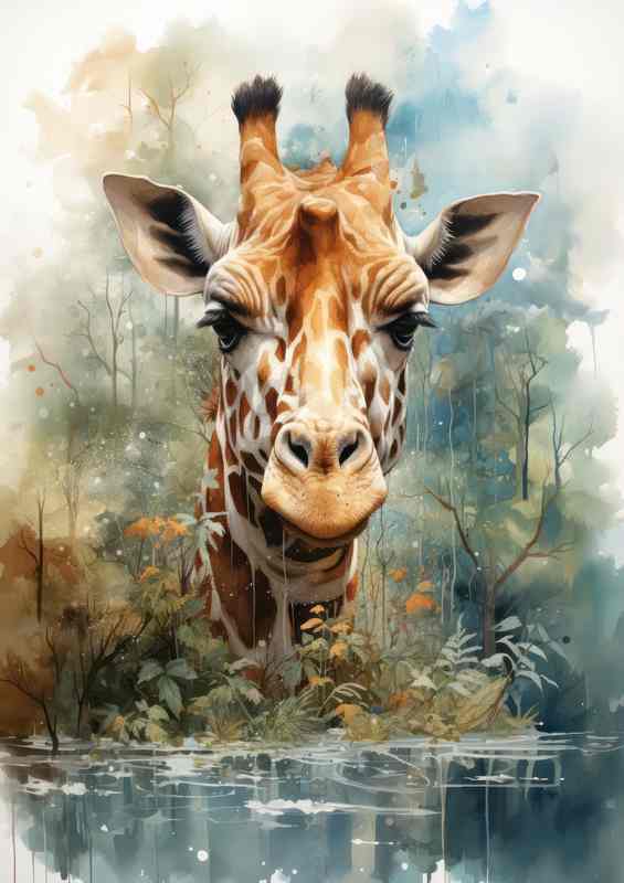 Giraffe art face pearing above the water line