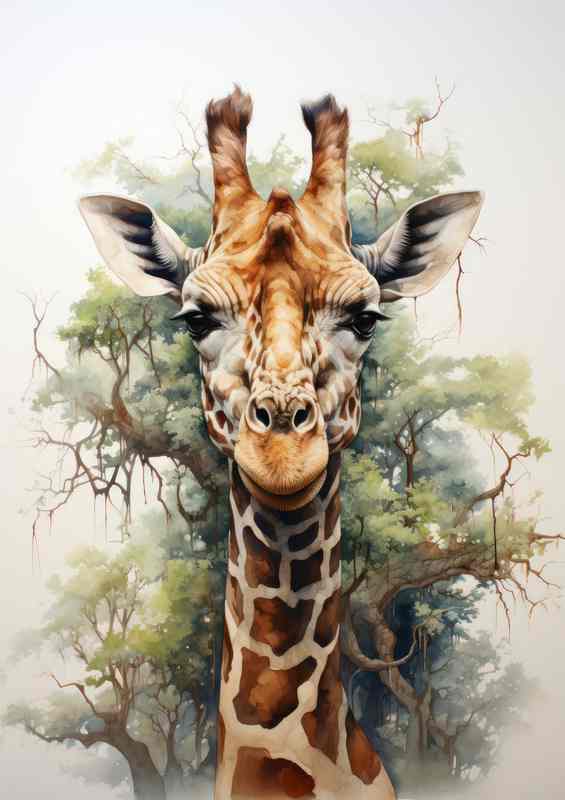 Giraffe facing the horizon with trees in the background