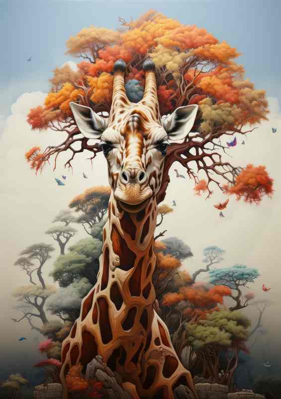 Giraffe in the front aof a giant orange tree