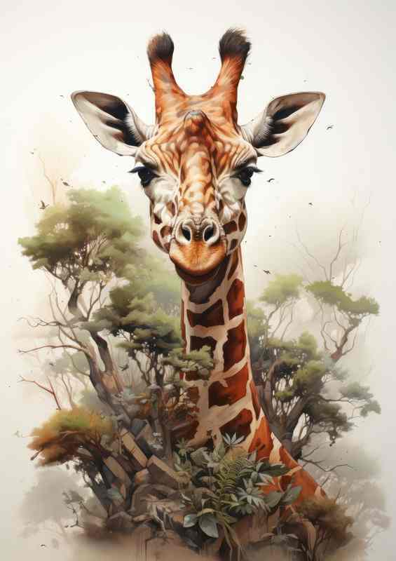 Giraffe in the trees facing the horizon art style