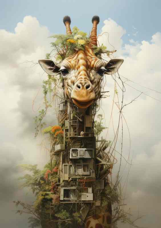 Giraffe surreal art in the mountain clouds