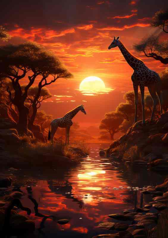 Giraffes trees and a sunbeam at sunset