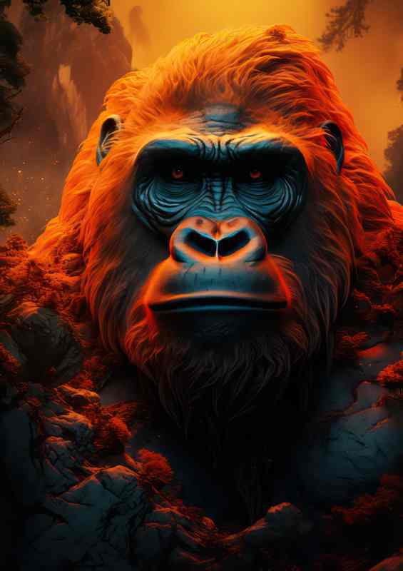 Gorilla heas with the sun behind him glowing