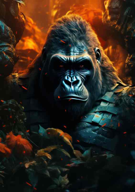 Gorilla in the red mist of fire