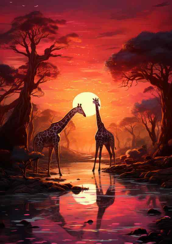 Griaffe on the african savanna during the sunsetting