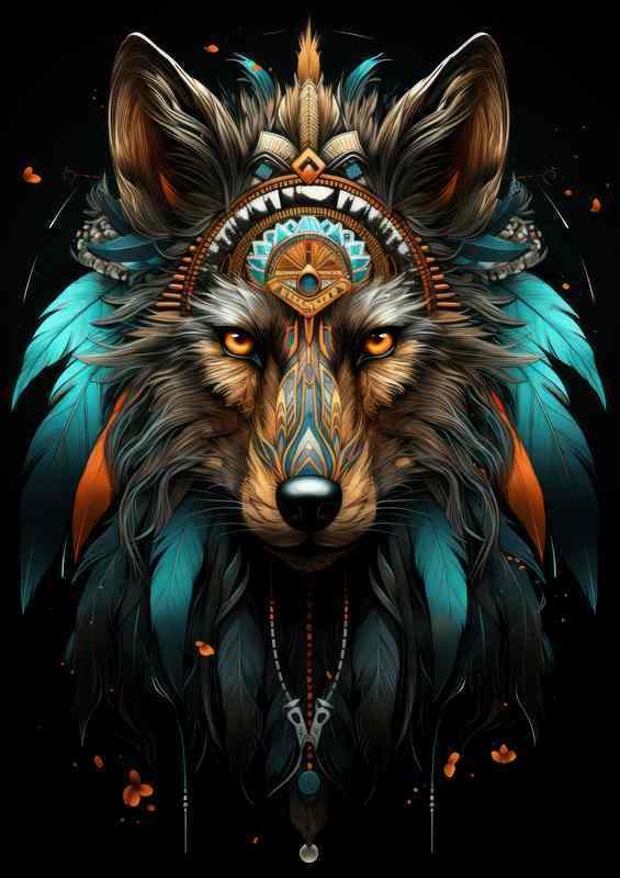 Indian wolf with feathers and a black background