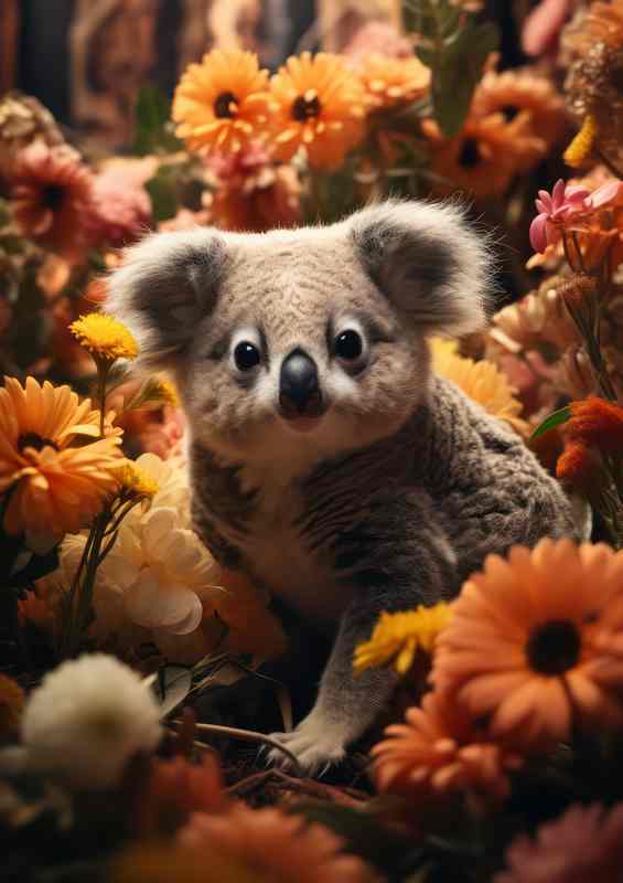 Koala sitting amongst the flowers in the field
