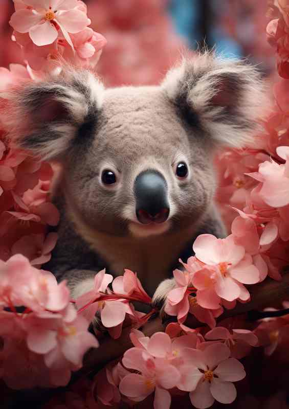 Koala sitting in the nest of the pink flowers in bloom