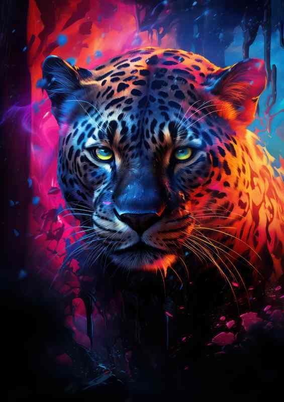 Leopard Lens Metal Poster with Pink/Purple Background.