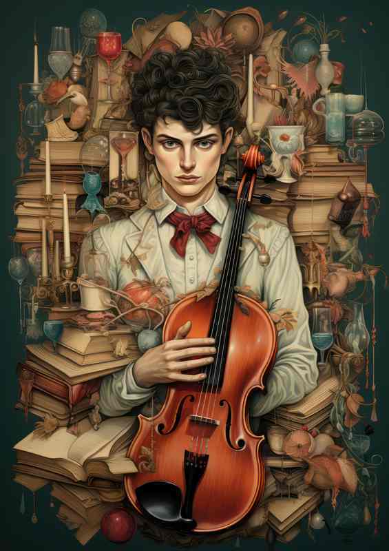 Illustration of a young man holding a violin