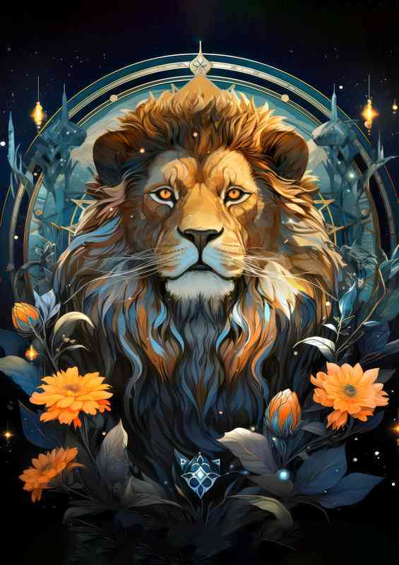 Lion surrounded by flowers at night
