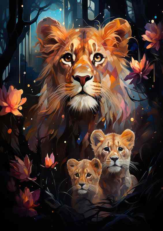 Lioness and her cubs surrounded by flowers