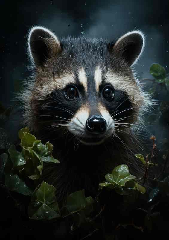 Little Raccons face in the woods at night