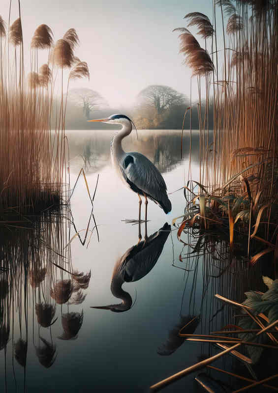 British grey heron standing at the edge of a calm lake