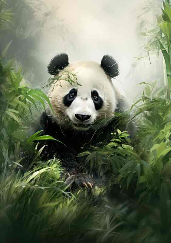 Panda Surrounded by bamboo in the mountain forest