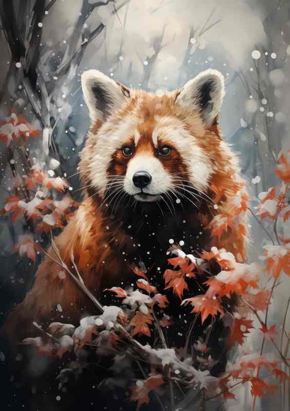 Red Panda Bear in the winter snow drops