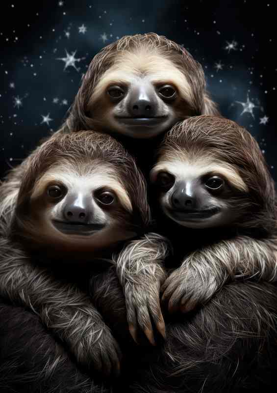 Sloths having a cuddle in the midnight sky with stars