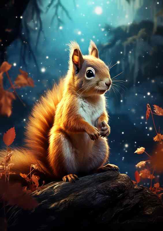 Squirrel on a branch looking for nuts in the autumn