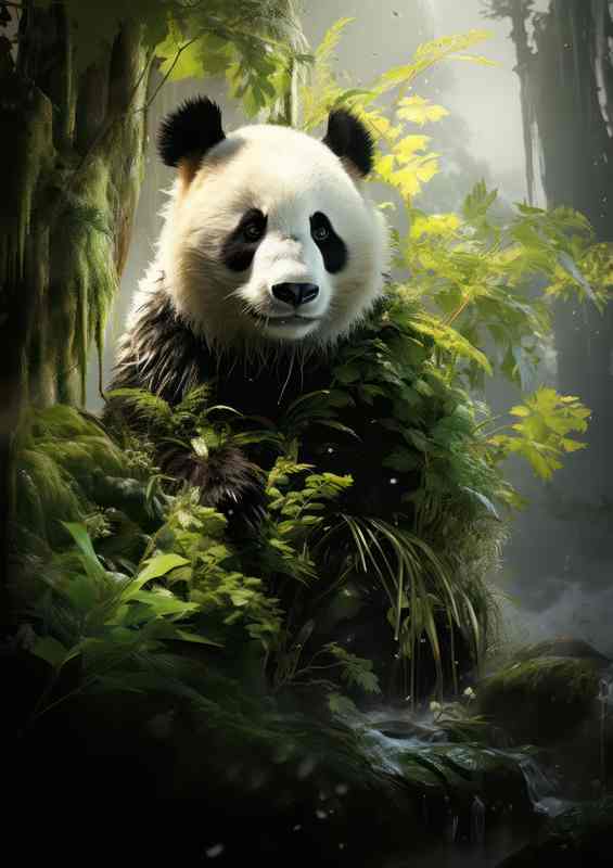 The Panda Eating his food with the sun on his back