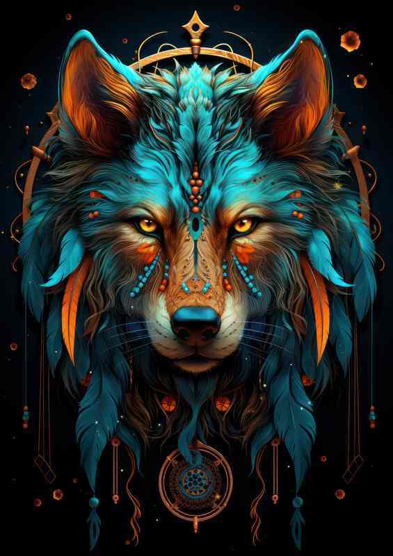 The Wolf Dreamcatcher with neon blue style colours