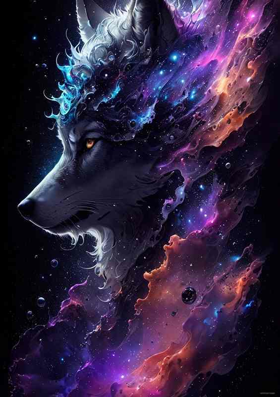 The Wolf deep in vebula coulurs splash art style