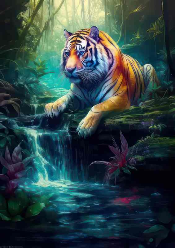 Tiger getting his paws wet in the waterfall
