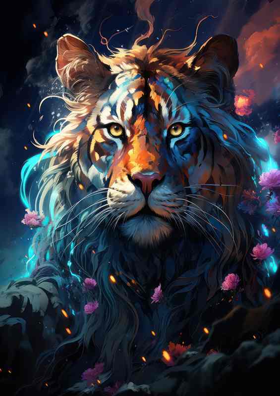 Tiger with bright colours in the sky