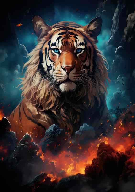 Tiger with mountains in the front of him on fire