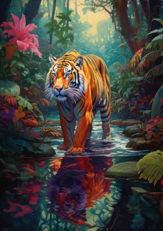 Tigher walking in the river in the middle of the jungle