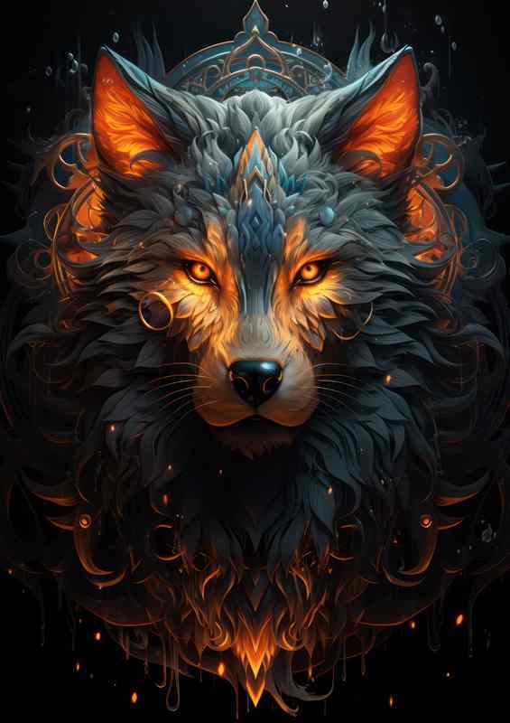Tribal wolf glowing with ref fire colours