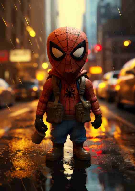 A little spider man standing in the traffic