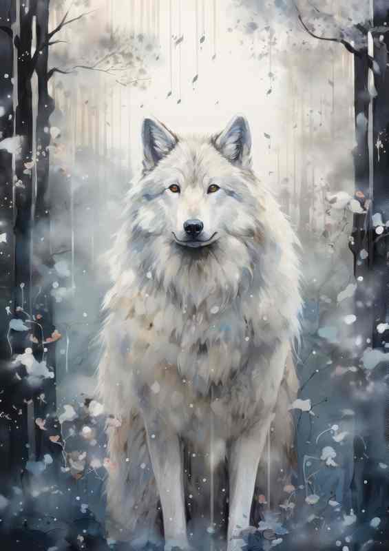 Winter wolf in the woods with snow falling