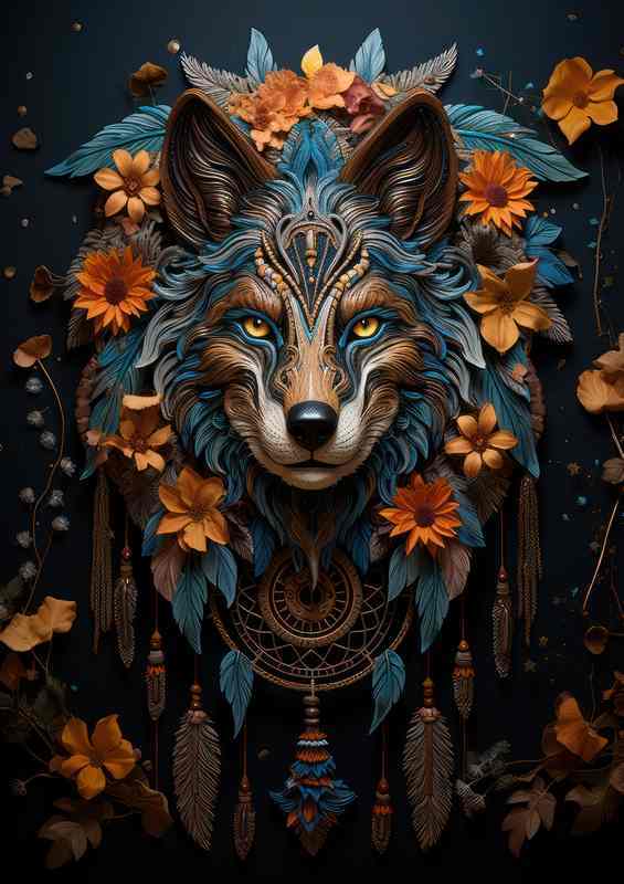 Wolf Dreamcatcher orange and yellow flowers