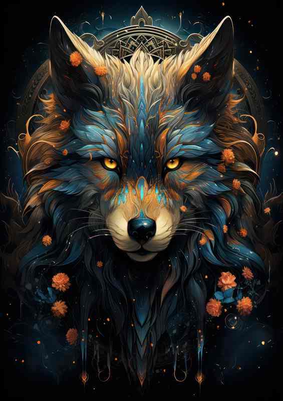 Wolf Surrounded by starry skies at night with flowers